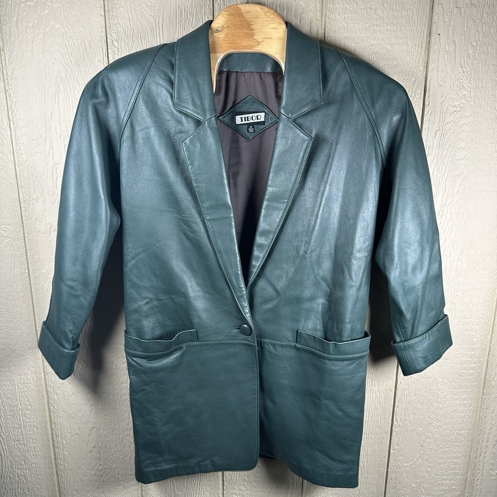 Vintage Tibor Womens Medium Green Leather Coat Jacket Mid-Length Shoulder Pads